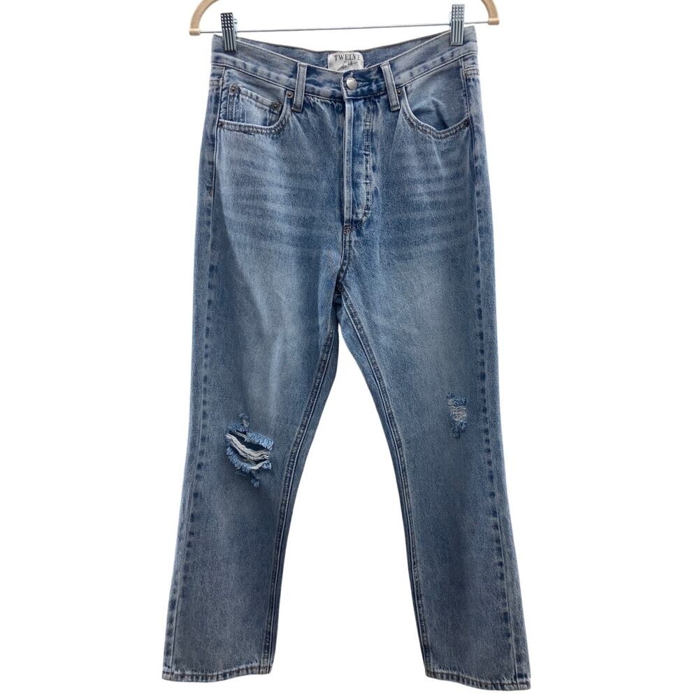 Twelve By Ontwelfth Medium Wash Blue Button Fly Distressed Boyfriend Denim Jean